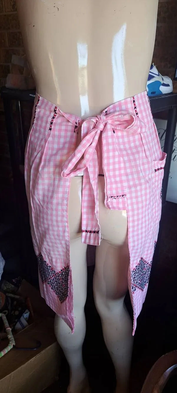 Vintage Pink Handmade Gingham Apron Embroidered Cottagecore Retro Kitchen Half A